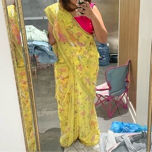 Pink Blouse and Yellow Floral Saree